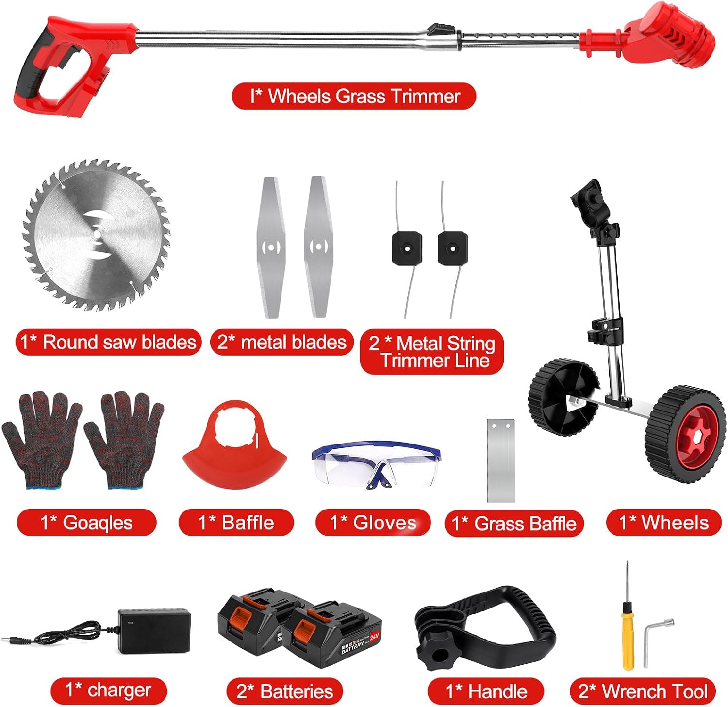 Electric Weed Wacker Cordless Weed Eater Battery Powered 21V, 4-in-1 Brush Cutter/String Trimmer/Grass Trimmer/Lawn Mower, 6 inch Edger Stringless Weed Trimmer with Wheel & Blade, 2 Battery(Red)