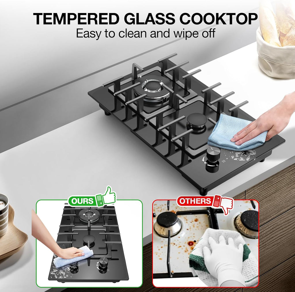 2 Burner Gas Stove Propane Cooktop, Tempered Glass Gas Cooktop 12 inch Stainless Steel Gas Burner with Thermocouple Protection, Lpg/Ng Dual Fuel Built-in Gas Stove Top for Apartments, Rvs