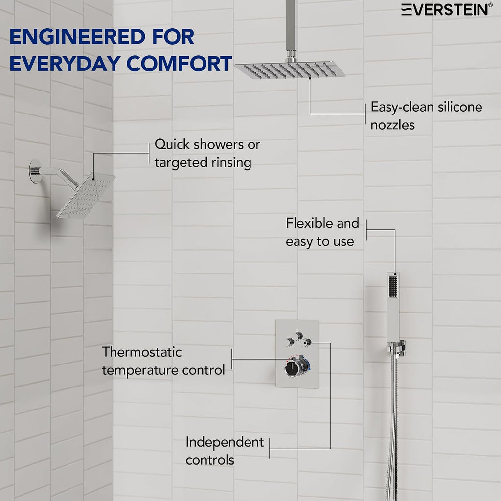 Ceiling Mount 12' High-Pressure Rainfall Shower Faucet, Dual Rainfall Shower Head System with Valve (Polished Chrome)