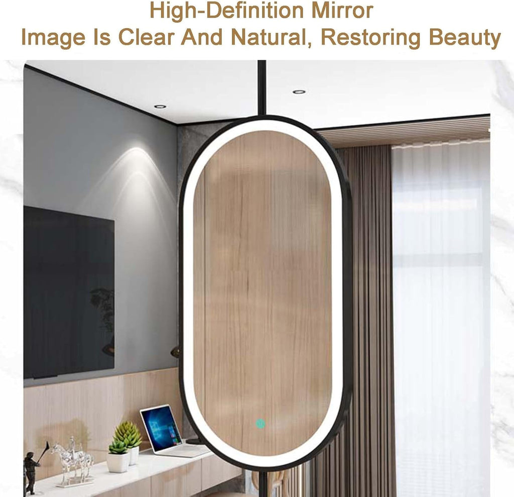 Ceiling Hanging Mirror,Oval Wrought Iron Frame Hanging Mirror,Bathroom Vanity Mirror with LED Lighting,for Bedroom Bathroom Living Room,Black-90L x 60W cm,Black-90L x 60W cm