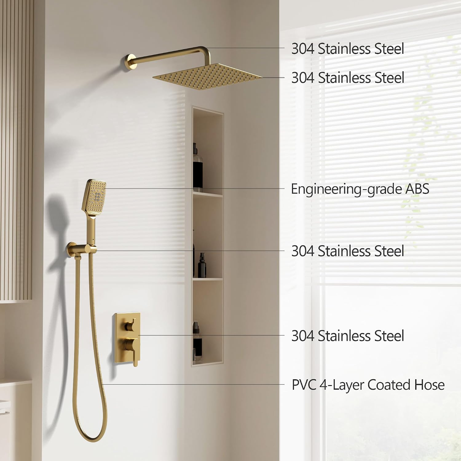 Shower Faucet Set - 12 inches Rain Shower System with 6 Function Handheld Shower Head Rough in Pressure Balance Valve Kit - Stainless Steel Bathroom Shower Kit Complete Brushed Gold