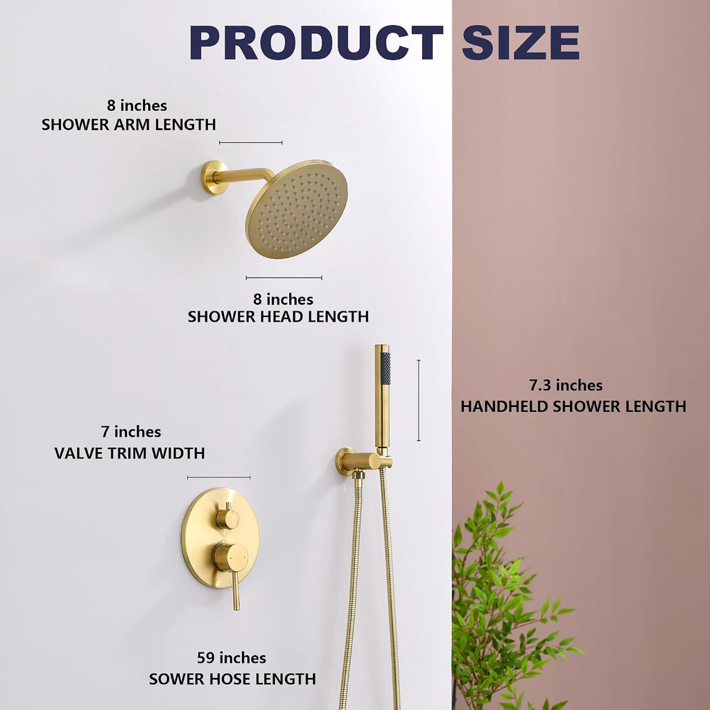 Shower System, Gold Shower Faucet Set, 8' Rainfall Shower Head and Handheld Spray Combo, Round Shower Head and Handle Set with Valve and Trim Kit, Brushed Gold