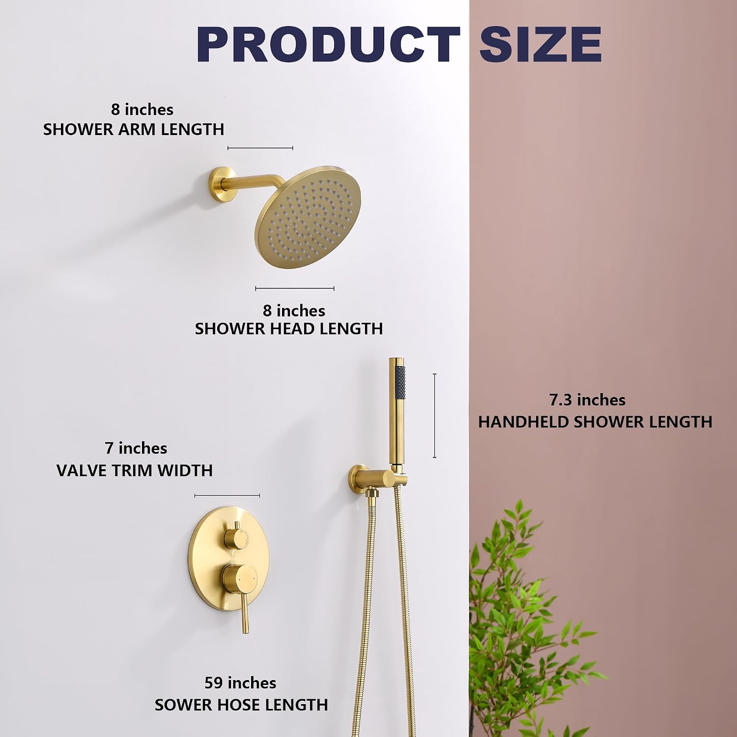 Shower System, Gold Shower Faucet Set, 8' Rainfall Shower Head and Handheld Spray Combo, Round Shower Head and Handle Set with Valve and Trim Kit, Brushed Gold