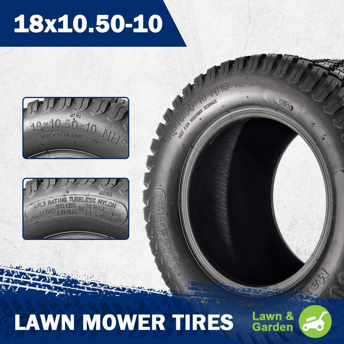 MaxAuto 2Pcs 18x10.50-10 Lawn & Garden Turf Tire 18x10.50x10 Hilly Lawn Tractor Tires 18x10.5-10 Tubeless 4 Ply P332