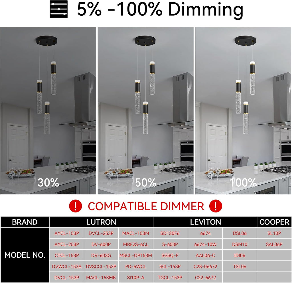3-Light Pendant Lights Kitchen Island, Dimmable LED Pendant Light Fixtures, Black Gold Pendant Light Modern with Bubble Crystal Pendant Light, Pendant Lighting for Kitchen Island Dining Room