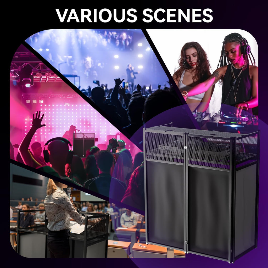 Portable DJ Booth Table,Foldable DJ Table Stand with White & Black Scrim,Adjustable DJ Facade Booth Station Metal Frame with Cable Hole for Private Events, Clubs, Bars (40x20 Double Deck)