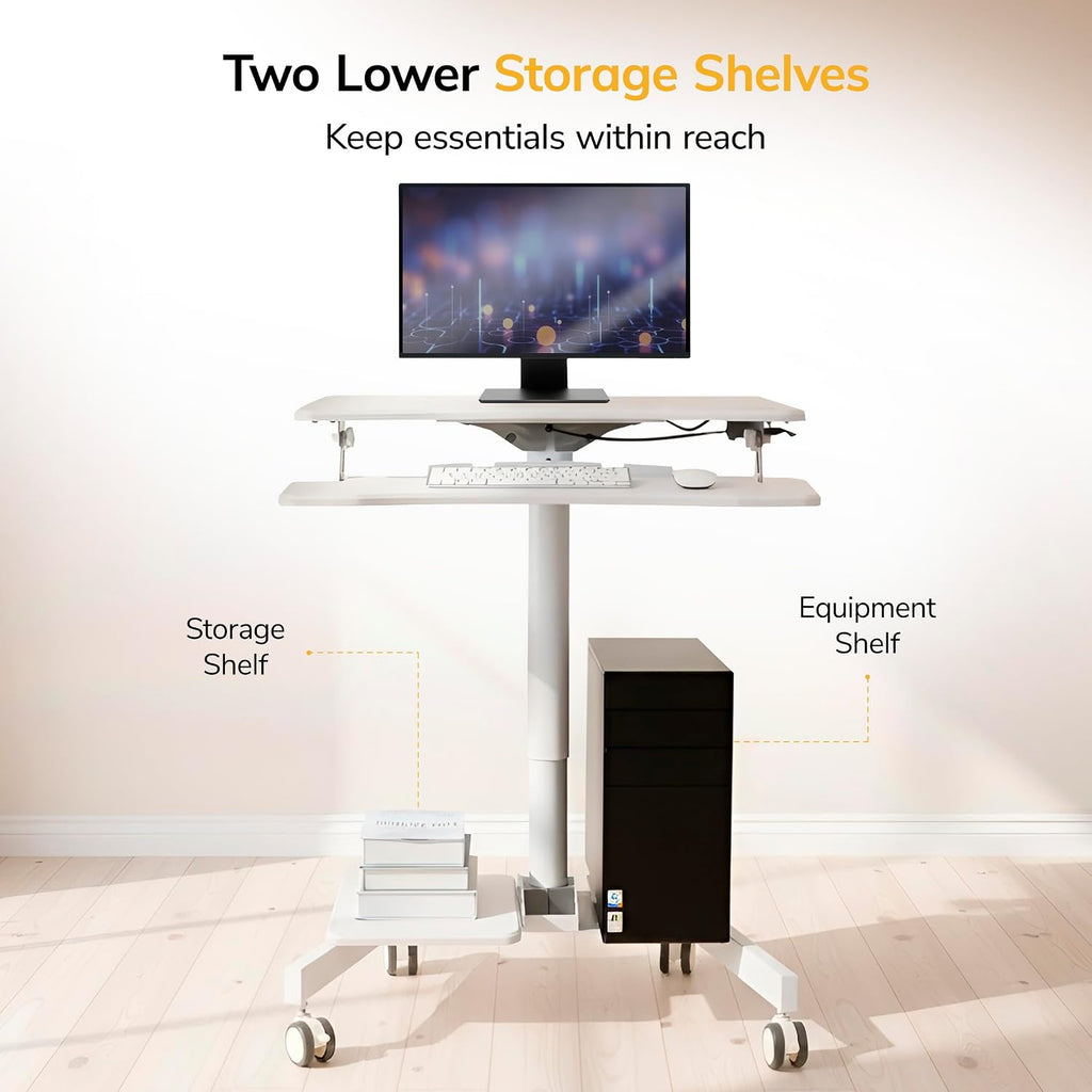 Mount-It! Mobile Computer Cart, Height-Adjustable Rolling Workstation with 28' Desktop, Keyboard Tray, Storage Shelves & Locking Wheels, Mobile Computer Stand for Office, Classroom, or Home