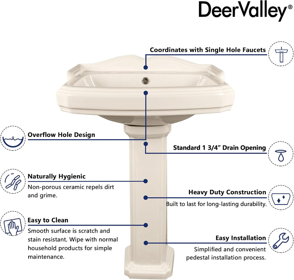 DeerValley 23x19 Inch Bone Colored Pedestal Sink Combo with Overflow and Single Faucet Hole, Ceramic Bathroom Vanity Sink, Model DV-1P522BN01