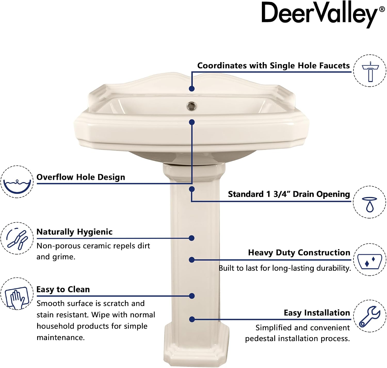 DeerValley 23x19 Inch Bone Colored Pedestal Sink Combo with Overflow and Single Faucet Hole, Ceramic Bathroom Vanity Sink, Model DV-1P522BN01