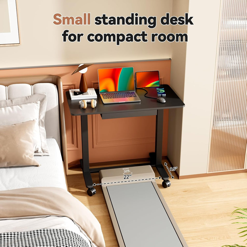 Mobile Standing Desk, 35inch Small Rolling Table with Drawer, Height Adjustable Sit Stand Workstation, Black Portable Laptop Cart with Hidden Wheels or Lockable Casters