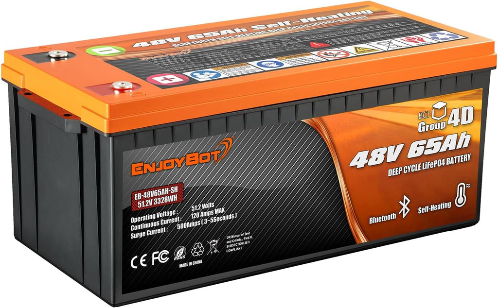 Enjoybot 48V 65Ah LiFePO4 Lithium Battery Self-Heating, Built-in 120A BMS and Bluetooth, 6000+ Cycles 10-Year Lifetime, Peak Current 500A Perfect for Golf Cart, RV, Solar, Lawn Mower, Off-Grid