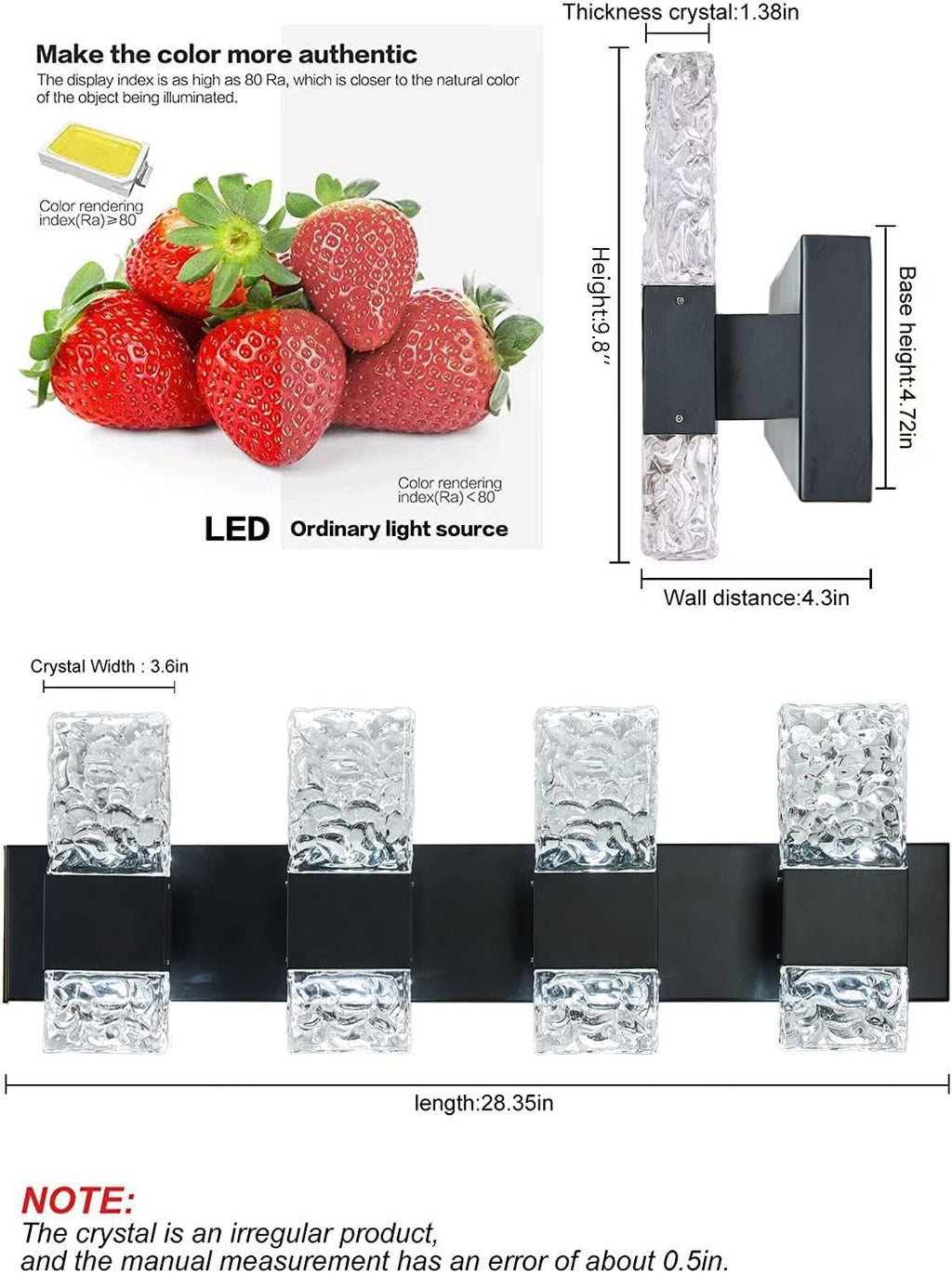 Black Bathroom Light Fixtures Crystal Bathroom Vanity 4 Light Over Mirror Modern LED Wall Light ，6000K Cool Light，40 Watts