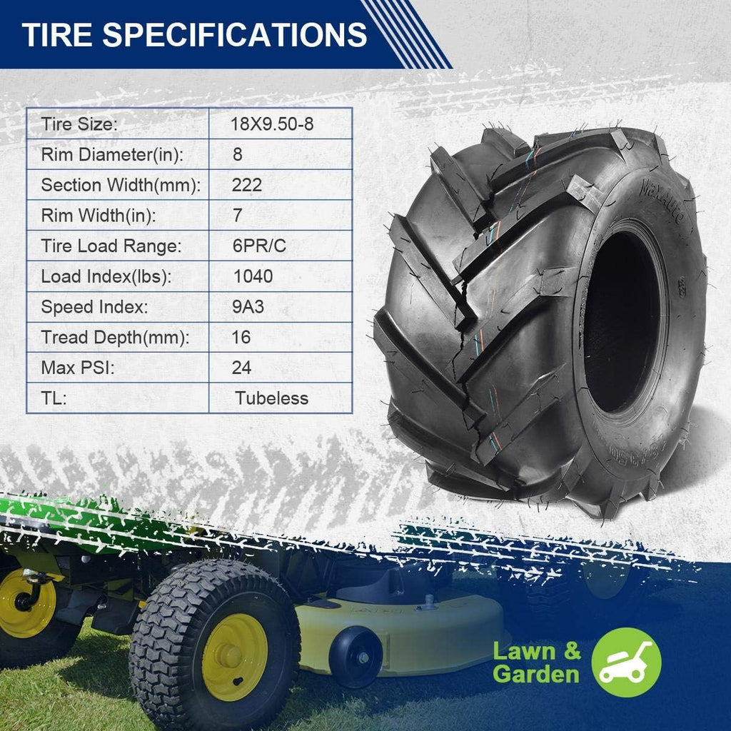 MaxAuto 18x9.50-8 Lawn Mower Tires, 18x9.50x8 Ag Farm Tractors Tires, 18-9.50-8 Super Lug Garden Tractor Tires, 6Ply Tubeless, 1320lbs Capacity, Set of 2