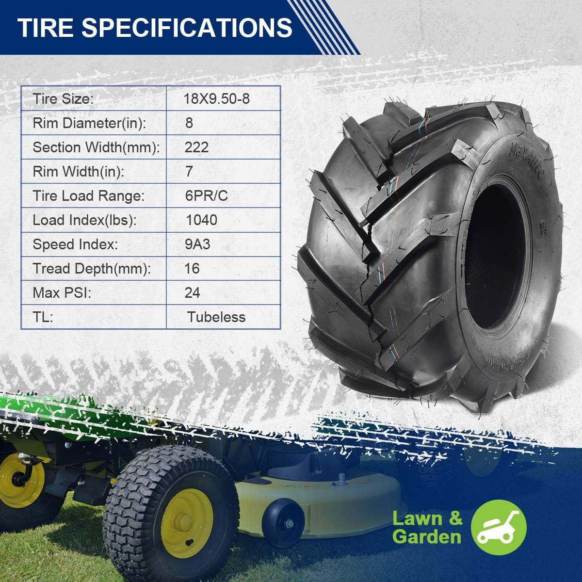 MaxAuto 18x9.50-8 Lawn Mower Tires, 18x9.50x8 Ag Farm Tractors Tires, 18-9.50-8 Super Lug Garden Tractor Tires, 6Ply Tubeless, 1320lbs Capacity, Set of 2