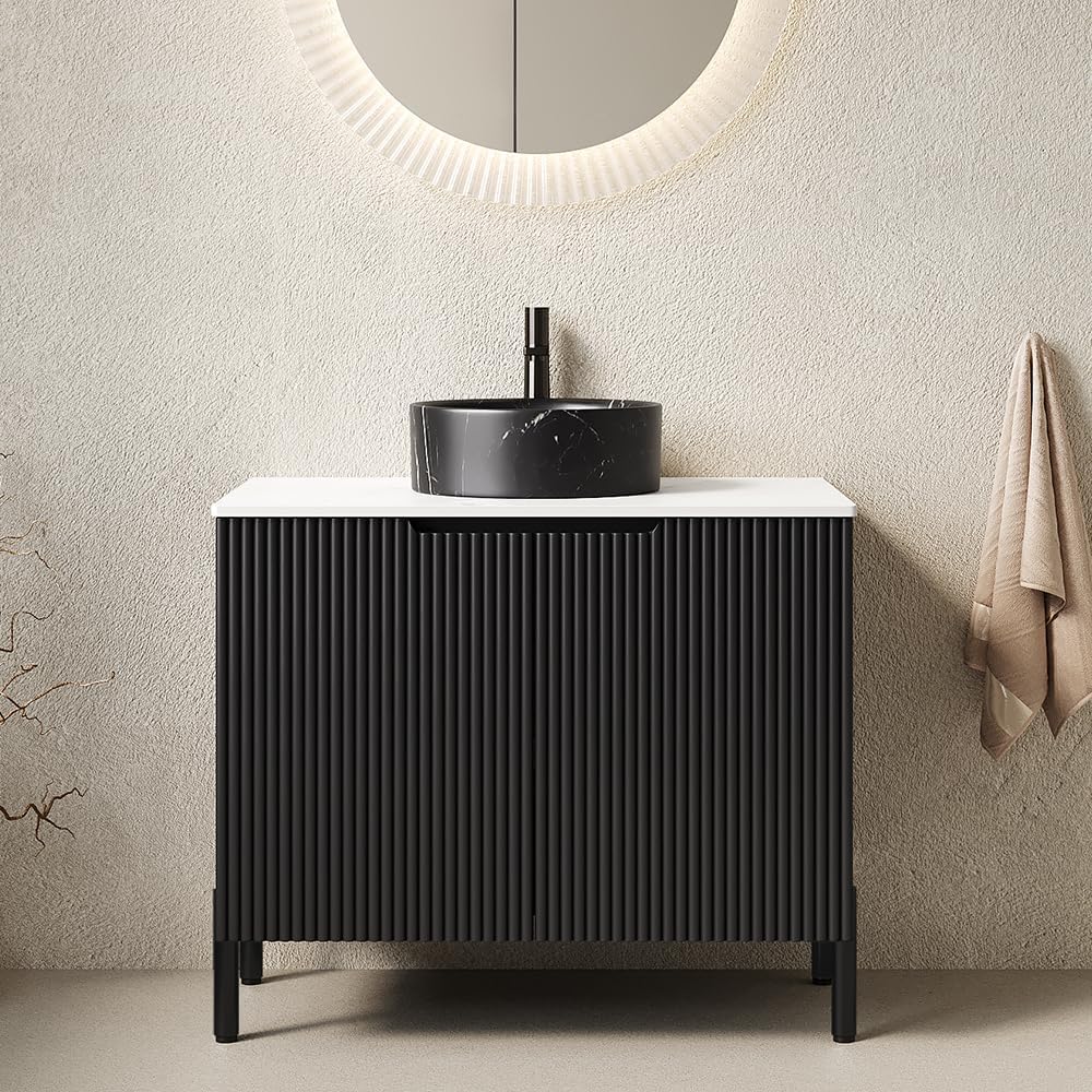 30' Bathroom Vanity with Sink, Modern Bathroom Vanities with 2 Soft-Closing Doors, Freestanding Bathroom Cabinet with Ceramic Basin and Carrara White Sintered Stone Counter Top-Colmar, Black/N