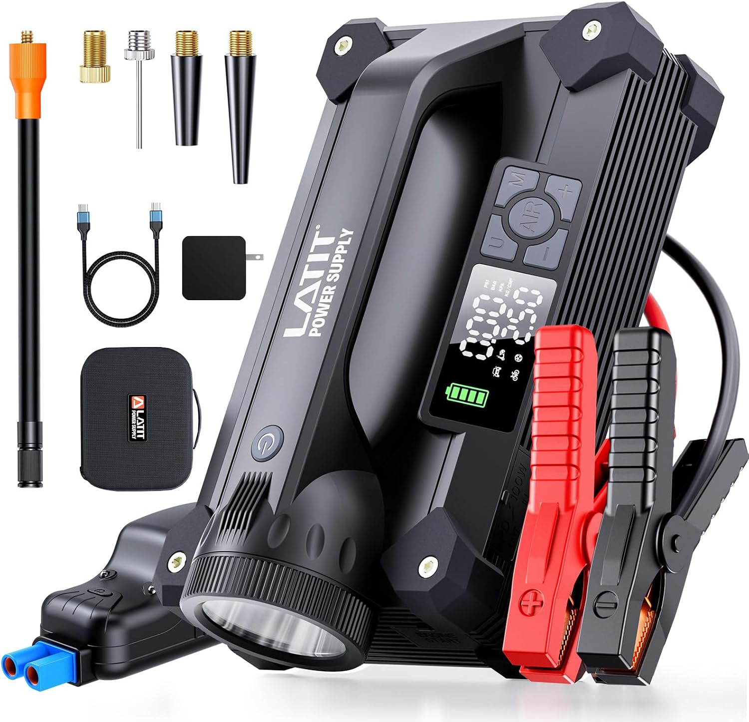 LATIT 6000A Jump Starter with Air Compressor 65W Fast Charging, 28000mah 150PSI Tire Inflator, 12V Jump Box Portable for 10L Gas/8L Diesel Engine, Jump Pack with Jumper Cables, Lights 2000LM
