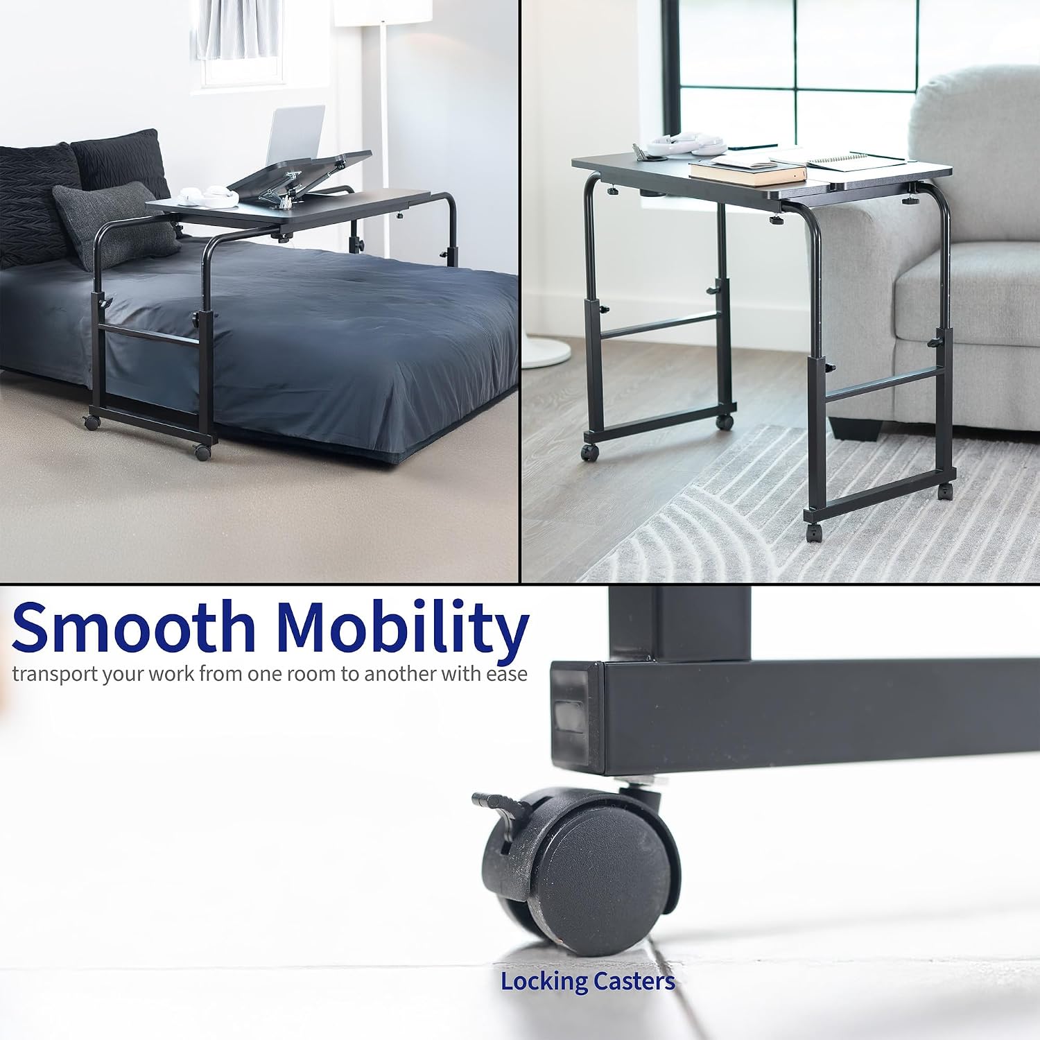 VIVO Mobile Over the Bed and Recliner Table, Tilting Laptop Tray with Height and Length Frame Adjustment, Ergonomic Overbed Kids and Adult Desk on Wheels, Black, DESK-V202B