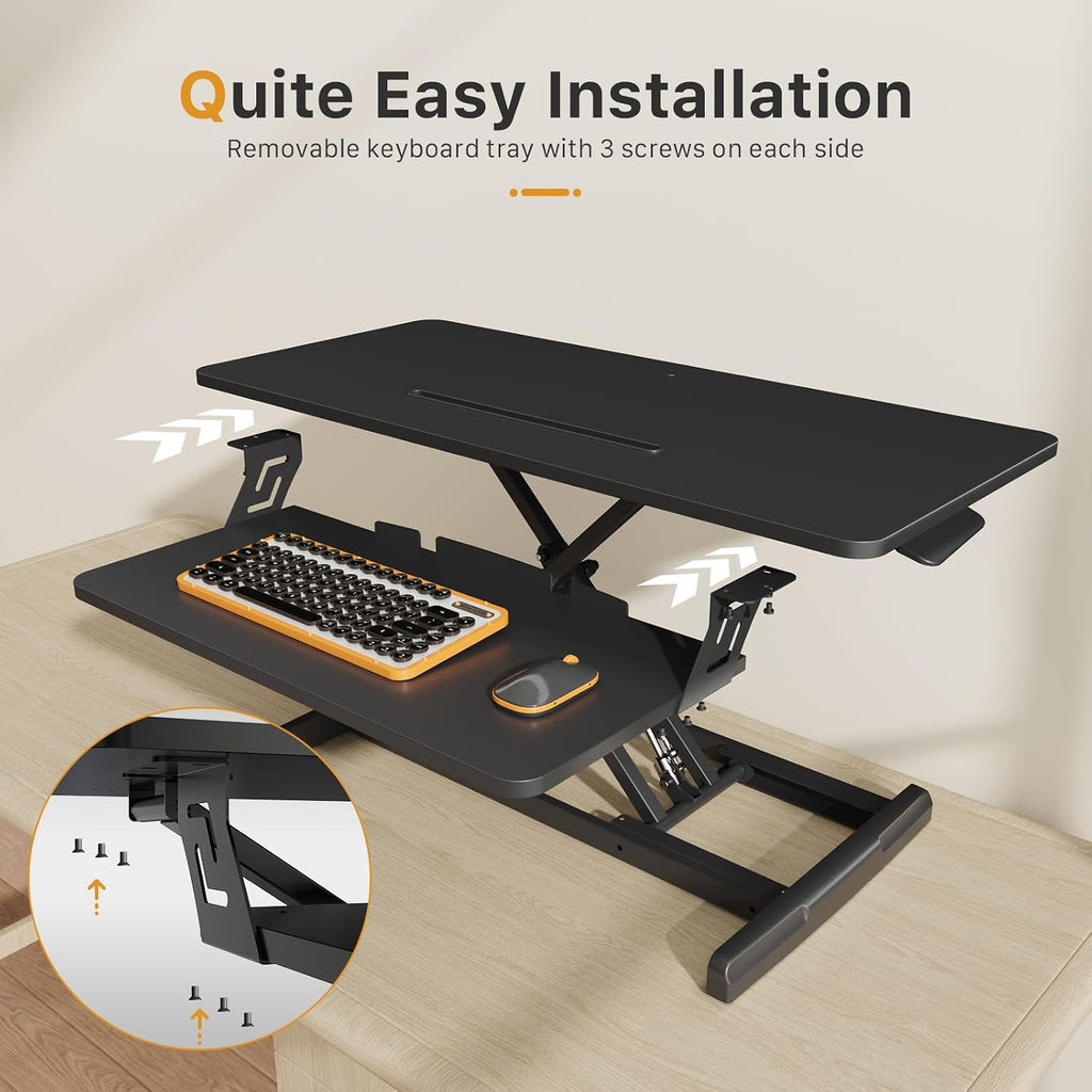 JOY worker Standing Desk Converter, 35' Wide Height Adjustable Sit Stand Up Desk Riser with Keyboard Tray, Desktop Workstation Riser for Home Office Computer Laptop, Particle Board, Black