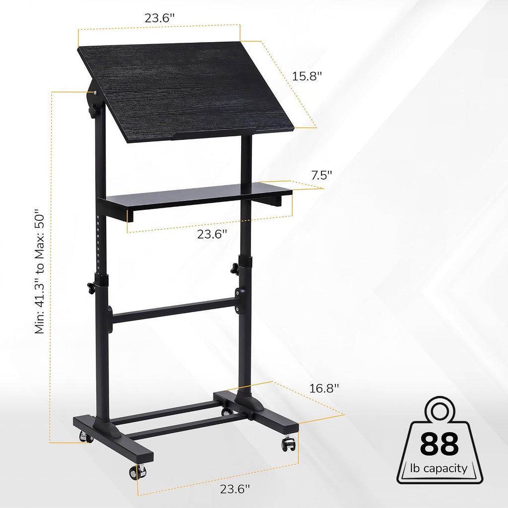 Mount-It! Portable Standing Desk with Wheels, Rolling Mobile Laptop Desk, Height Adjustable Sit Stand Workstation (41.3″–50″), Small Compact Mobile Lectern Podium for Home Office, Classroom & Training
