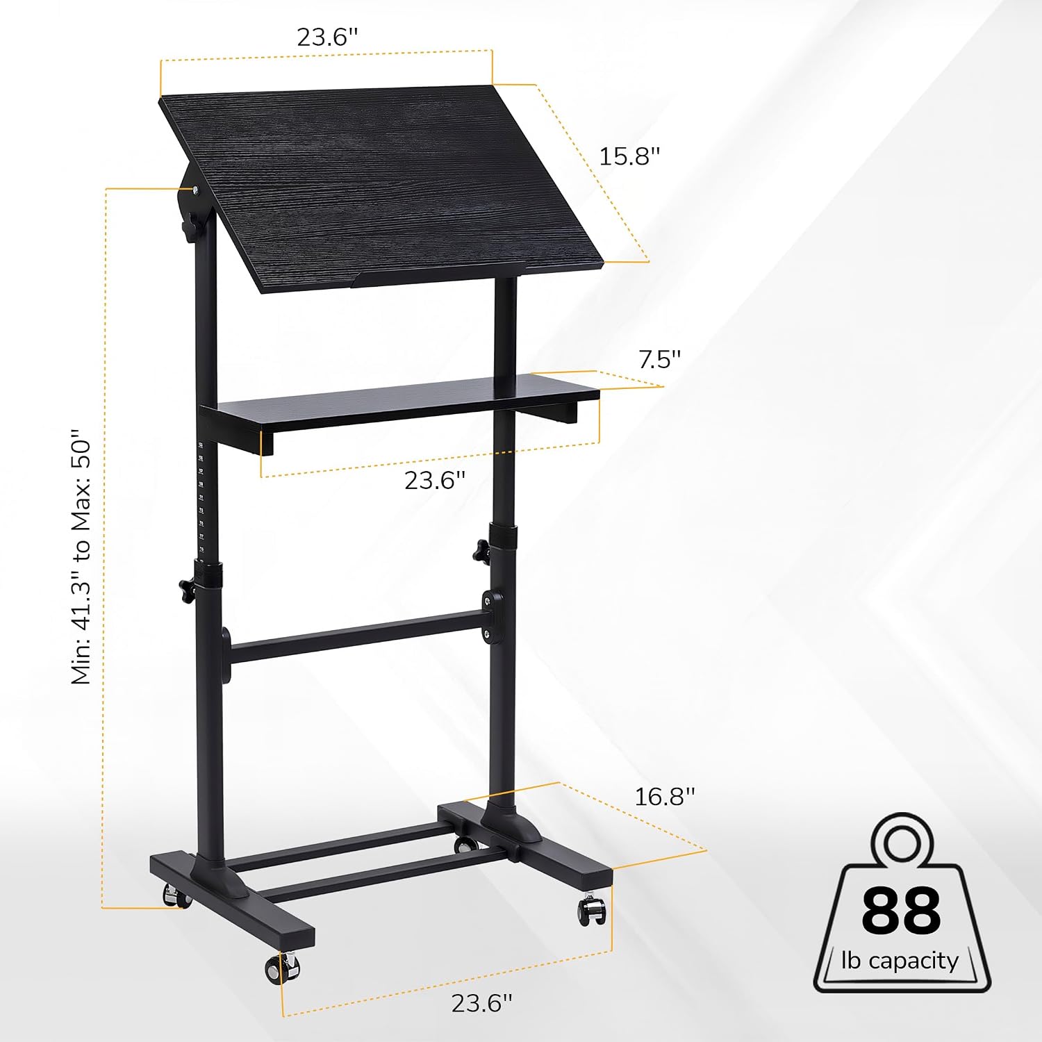 Mount-It! Portable Standing Desk with Wheels, Rolling Mobile Laptop Desk, Height Adjustable Sit Stand Workstation (41.3″–50″), Small Compact Mobile Lectern Podium for Home Office, Classroom & Training