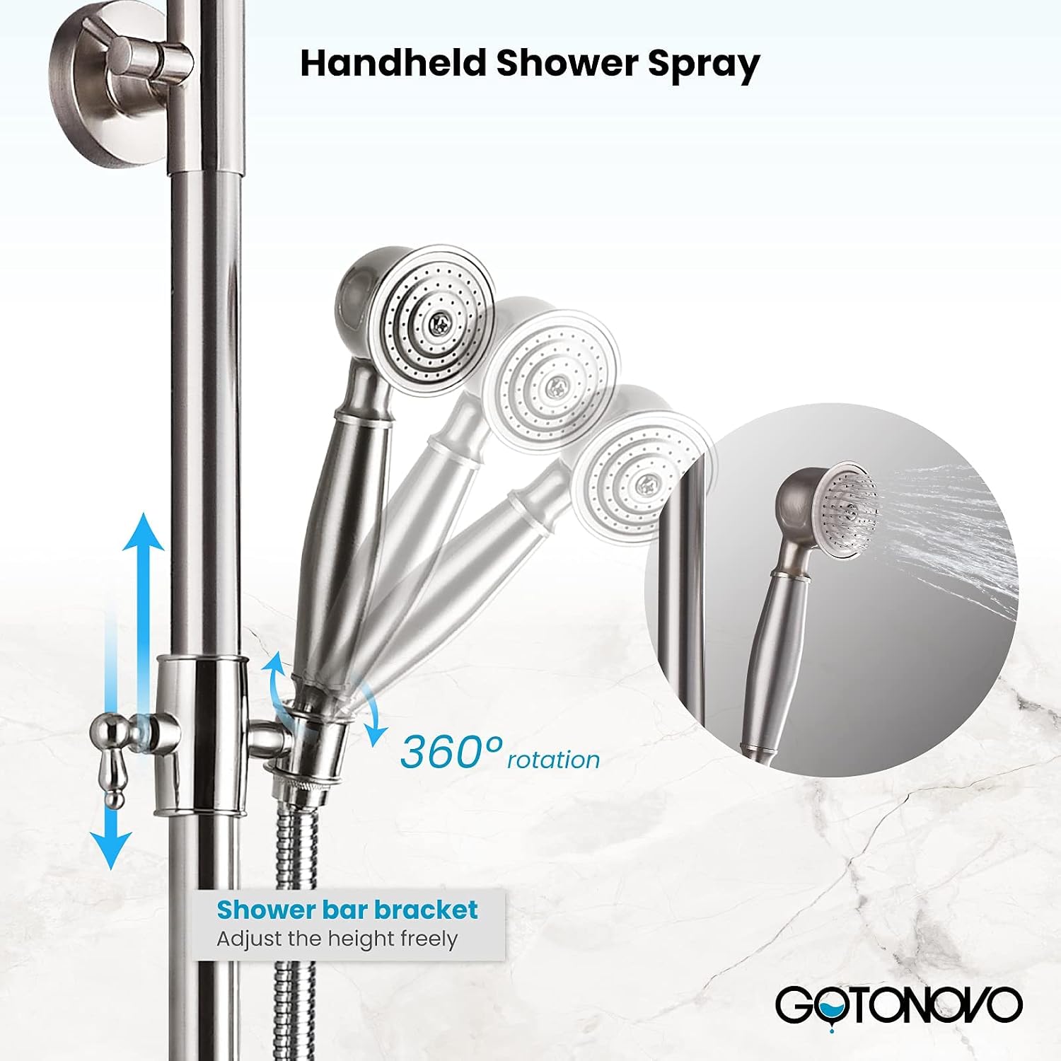 gotonovo Shower Faucet Set Brushed Nikcel 8-inch Shower Head Fixture with Handheld Spray Double Lever Handle Tub Spout Triple Function Bathroom Wall Mount