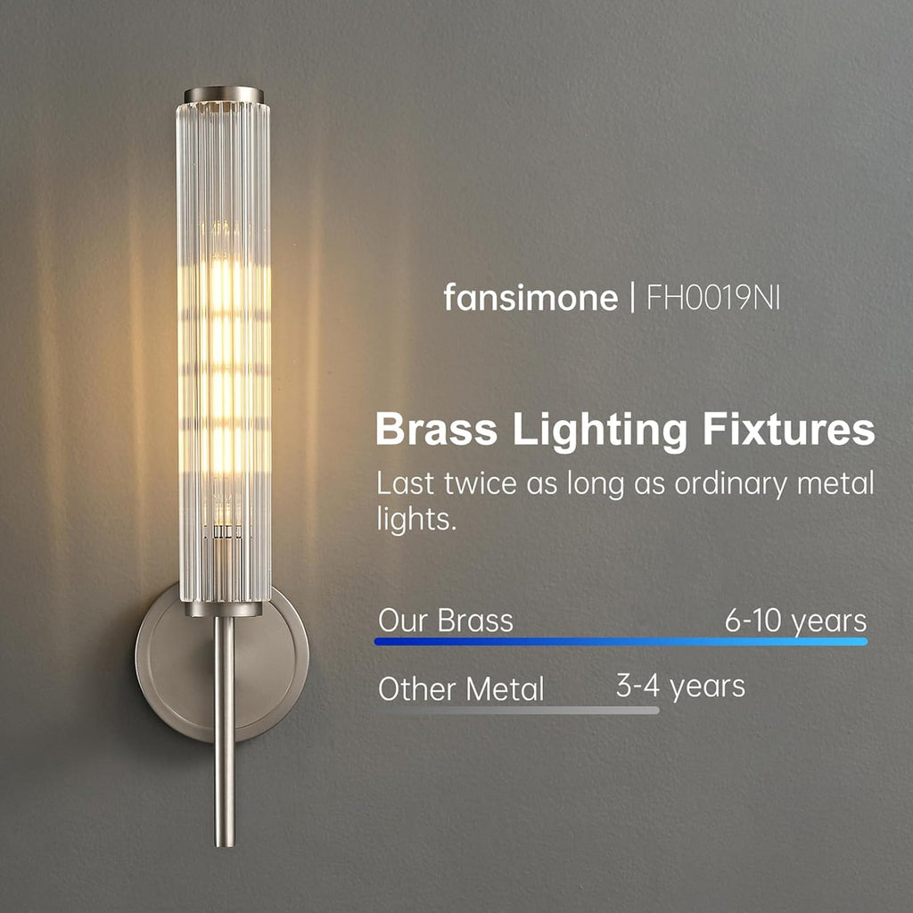 Brushed Nickel Wall Sconce with Ribbed Groove Glass Tube - 18.9' Solid Brass Material Wall lamp Includes Bulbs - Modern Wall Sconces for Bathroom, Living Room, Hallway, Staircase, Mirror