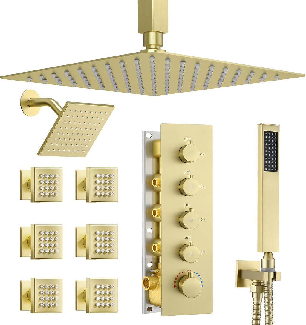 Dasan Thermostatic Dual Shower Head System with 6 Body Jets, 6-Inch Shower Head & 16' Rainfall Shower, Luxury Brushed Gold Shower Faucet Set Tandem Rain Shower Head System for Couples/ 2-Person
