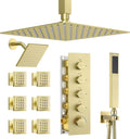 Dasan Thermostatic Dual Shower Head System with 6 Body Jets, 6-Inch Shower Head & 16' Rainfall Shower, Luxury Brushed Gold Shower Faucet Set Tandem Rain Shower Head System for Couples/ 2-Person