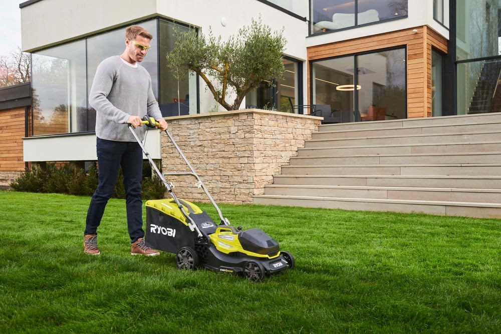 RYOBI One+ RY18LMX37A-150 Cordless Brushless Lawnmower 18V – Width 37 cm, 1 x 5.0Ah Battery + Charger, Mulching or Pickup, Semi-Rigid 45L Tray, Central Adjustment, Ideal 300-400 m²