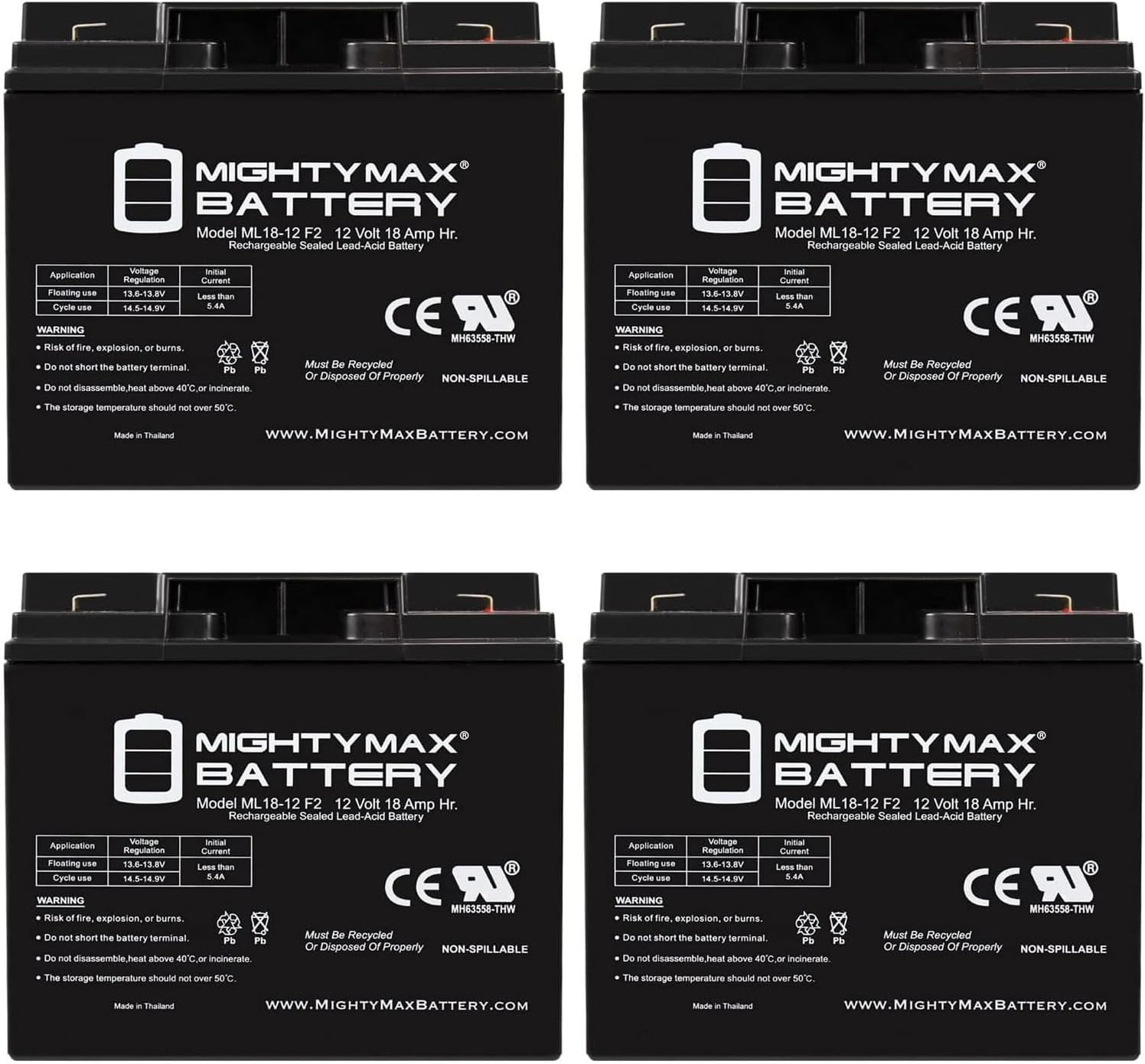 Mighty Max Battery Ml18-12 - 12 Volt 18AH F2 SLA Battery - Pack 4