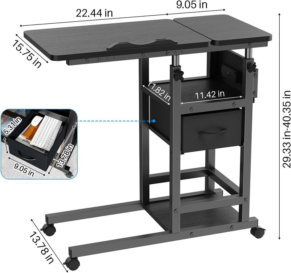 Height Adjustable Overbed Table with Wheel and Charging Station, Tiltable Desk C Shaped End Table for Couch, 2-Tier Overbed Bedside Desk with Storage Shelve for Living Room Bedroom