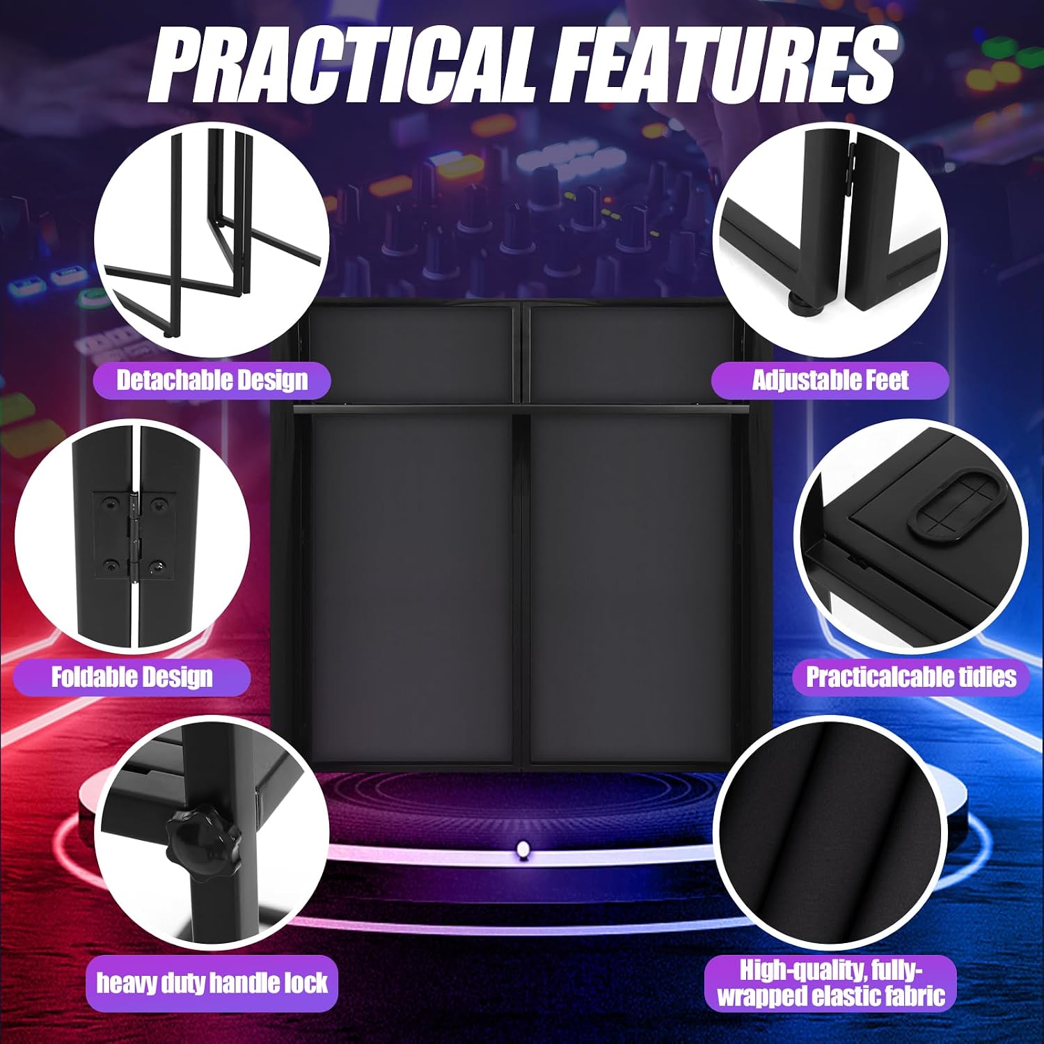 Portable DJ Facade Table Station, 44'x41'x21' DJ Event Booth Facade with Black & White Scrim, Metal Foldable Frame DJ Stand with Carrying Bag