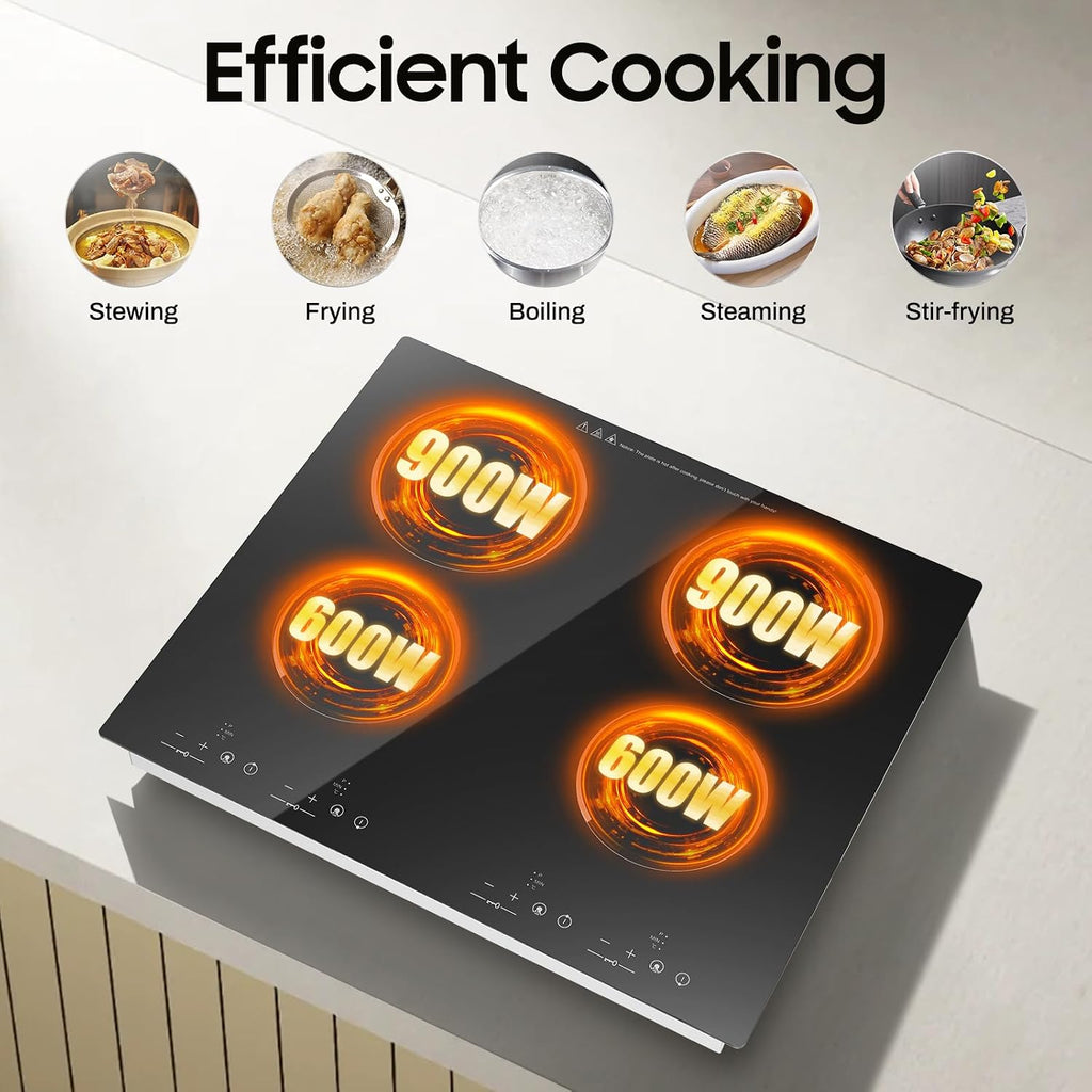 3000W Electric Cooktop with 4 Power Boost Burners 110V 9 Power Levels Electric Stove with LED Display & Child Safety Lock for immer Steam, Slow Cook, Fry