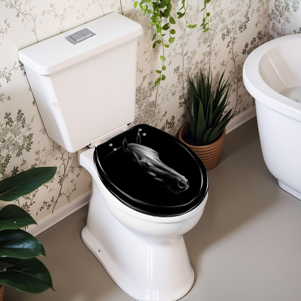 Round Toilet Seat horse Resin Toilet Seat Slow Quiet Close Lid with Quick-Release Hinges Cover Bumpers Easy to Clean Install