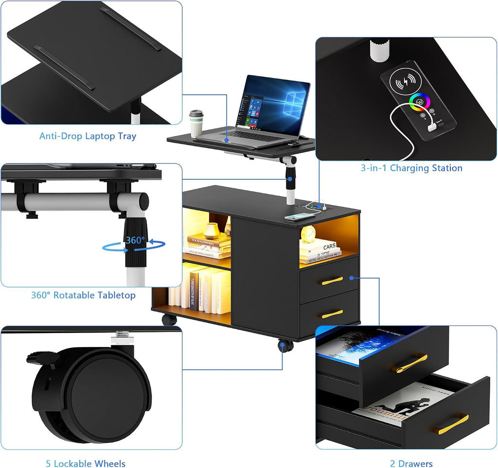 Smart Night Stand with 360° Laptop Tray, RGB Nightstand with Charging Station,Modern Bedside Table with 24-Color Human Sensor Lights,Large End Table w/ 2 Drawers,3 Shelves,5 Wheels,Black