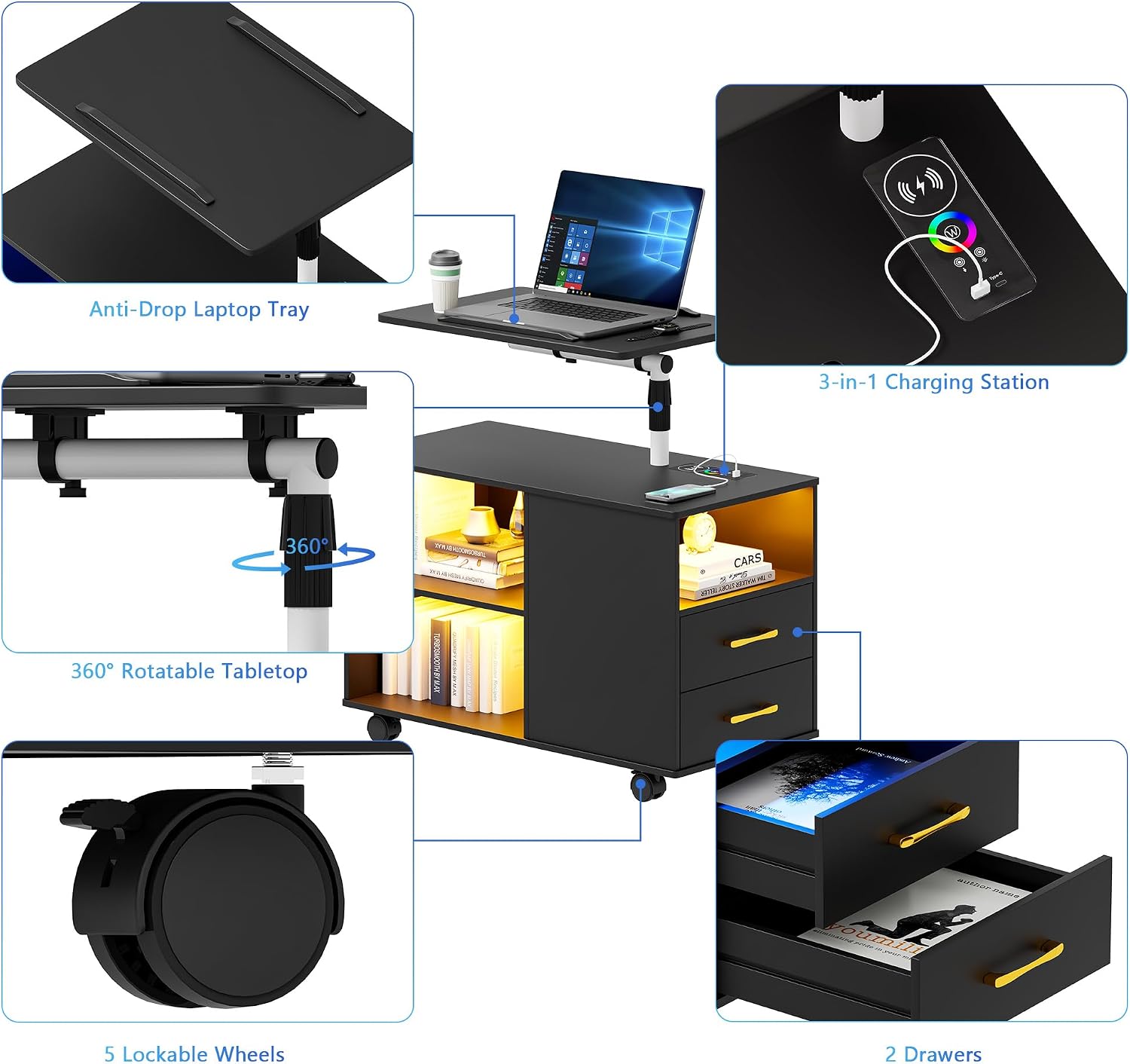 Smart Night Stand with 360° Laptop Tray, RGB Nightstand with Charging Station,Modern Bedside Table with 24-Color Human Sensor Lights,Large End Table w/ 2 Drawers,3 Shelves,5 Wheels,Black