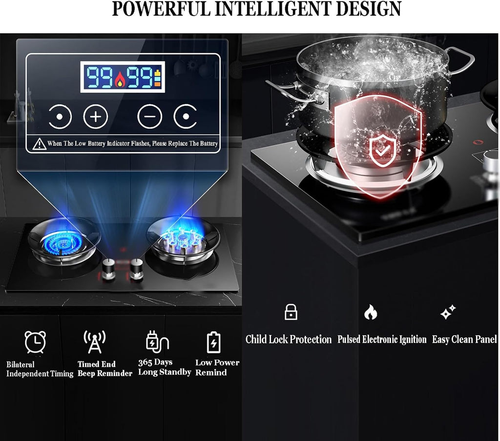 Gas Stove,17760 BTU Tempered Glass Tabletop/built-in Gas Cooktop 2 Burners,Pulse Ignition,Suitable for Home and Commercial Use,LPG/NG (Size : NG)