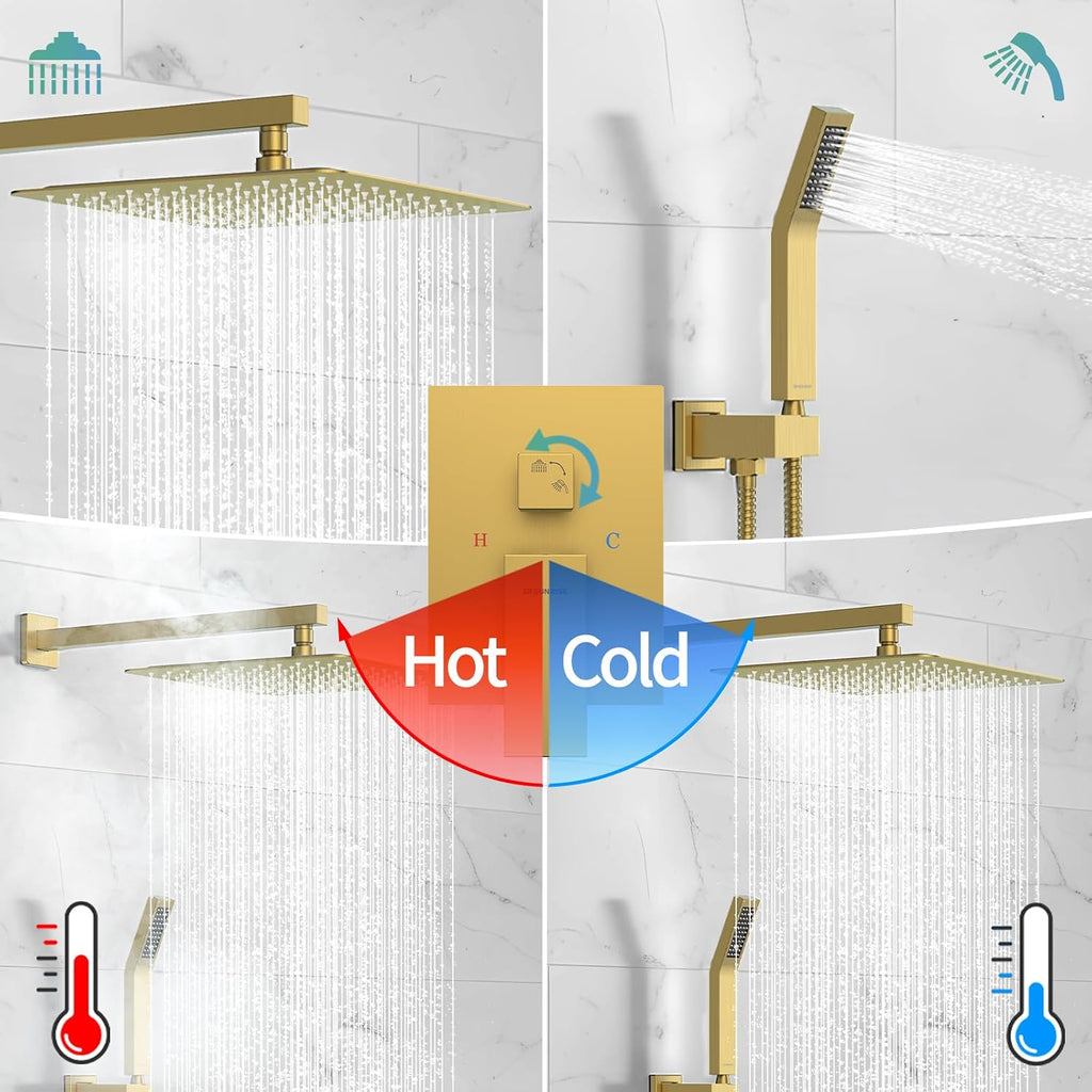 SR SUN RISE 12 Inches Bathroom Luxury Rain Mixer Shower Combo Set Wall Mounted Rainfall Shower Head System Brushed Nickel Finish Shower Faucet Rough-In (12 Inch, Brushed Gold)