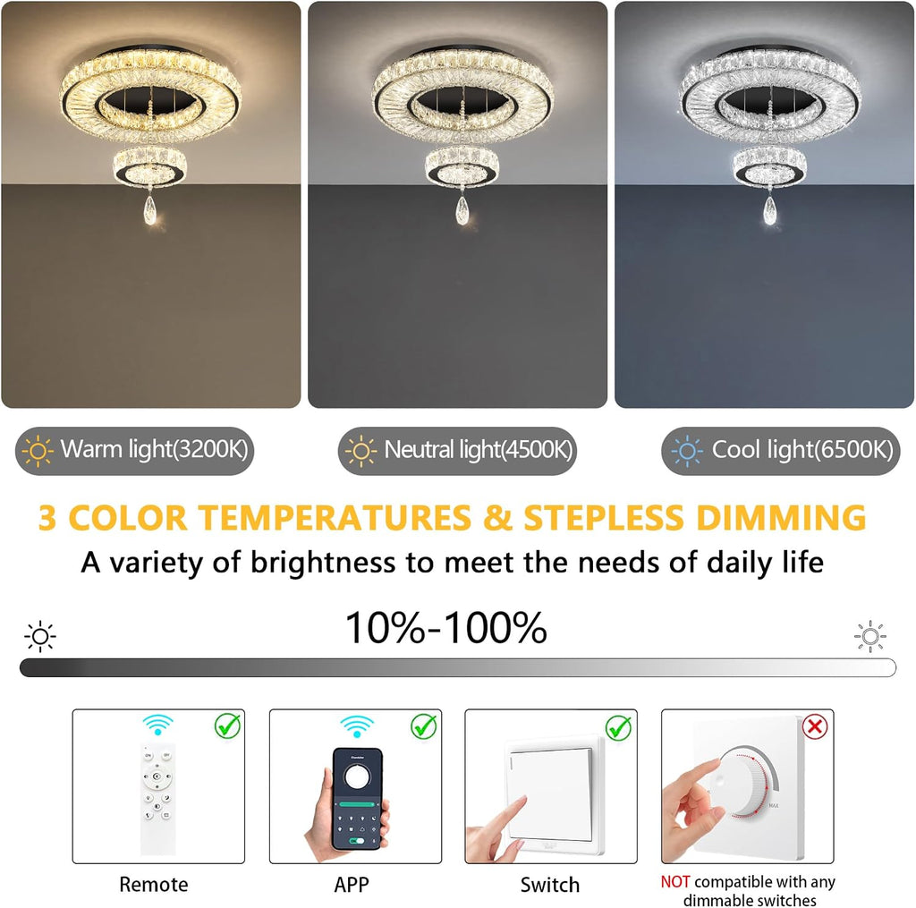 Modern Chandelier Bedroom Light Indoor LED Dimmable Lights Ceiling Chandeliers for Dining Room Kitchen Entryway Black 30W LEDs Fixtures 2400 Lumens