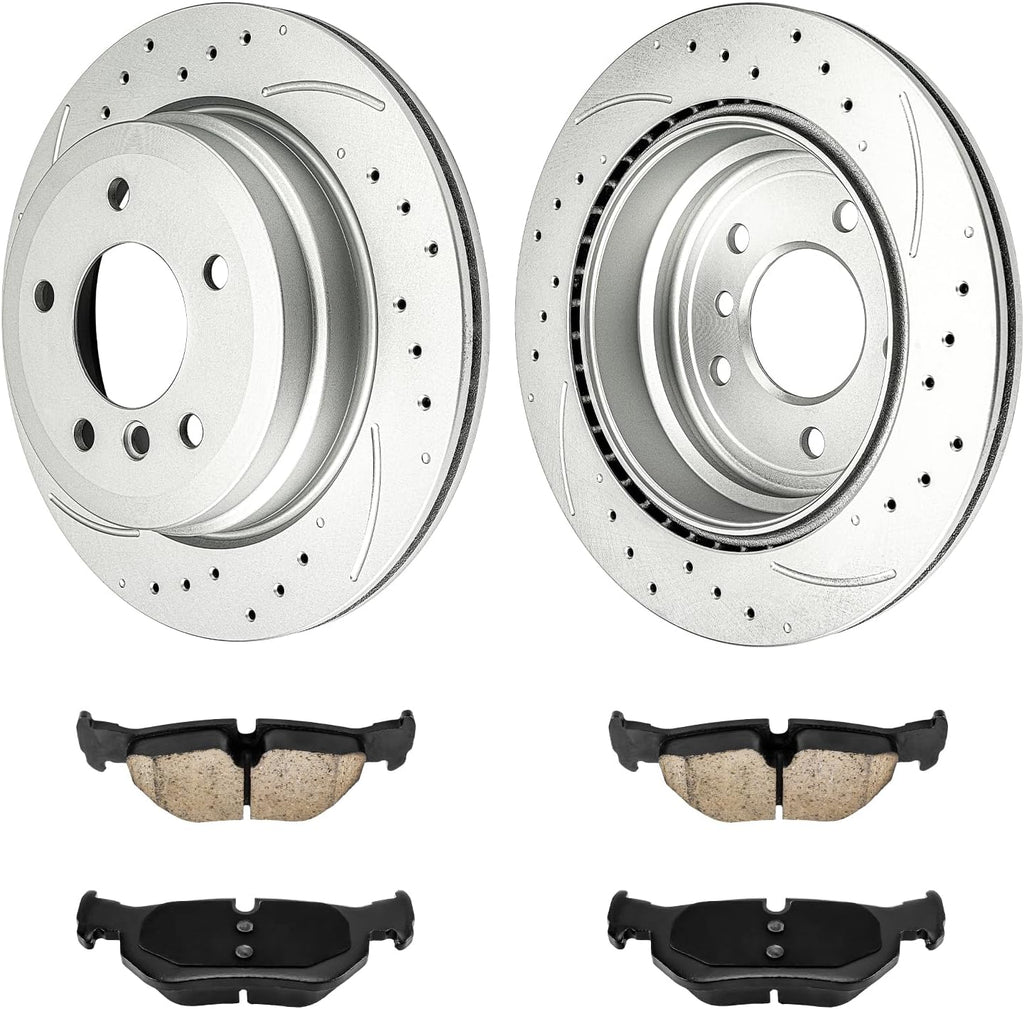 KAX Rear Brake Pads and Rotors for BMW 328i xDrive 2009-2013, X1 2013-2015, 328xi 2007-2008, Drilled and Slotted Vented Brake Rotor Ceramic Brake Pads Replacement (#34317+D1267, 11.81inch, 300MM)