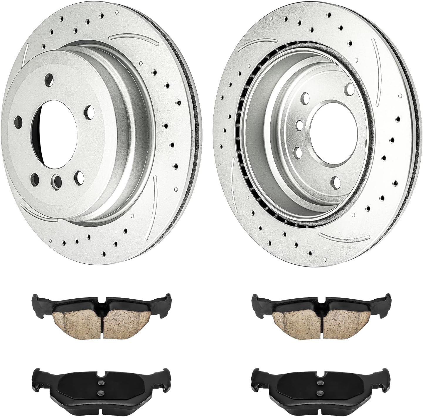 KAX Rear Brake Pads and Rotors for BMW 328i xDrive 2009-2013, X1 2013-2015, 328xi 2007-2008, Drilled and Slotted Vented Brake Rotor Ceramic Brake Pads Replacement (#34317+D1267, 11.81inch, 300MM)