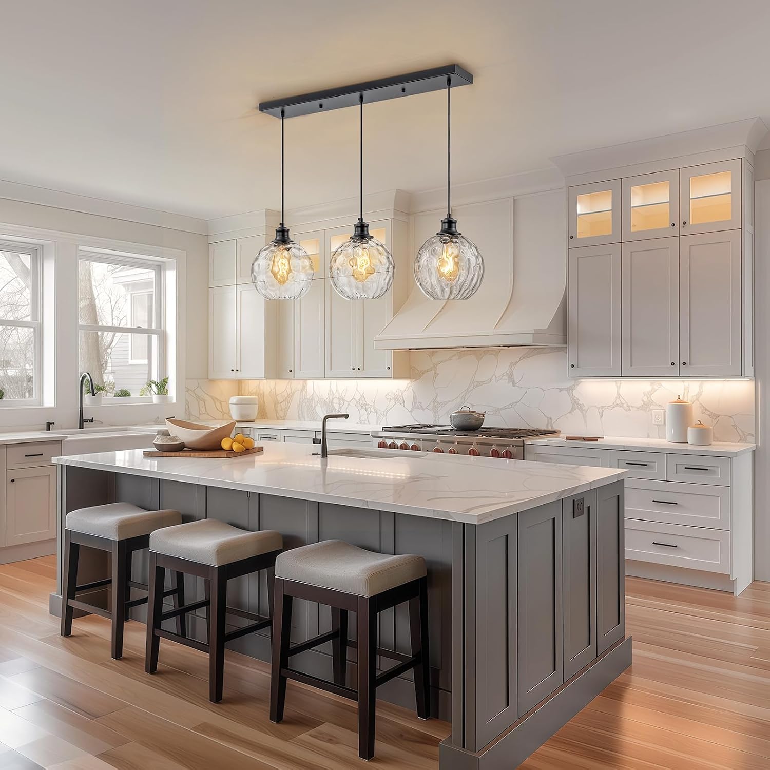 3 Light Pendant Lights Kitchen Island, Black Island Lights for Kitchen, 31.5' Globe Pendant Light with Clear Hammered Glass Shade, Adjustable Farmhouse Hanging Light Fixtures