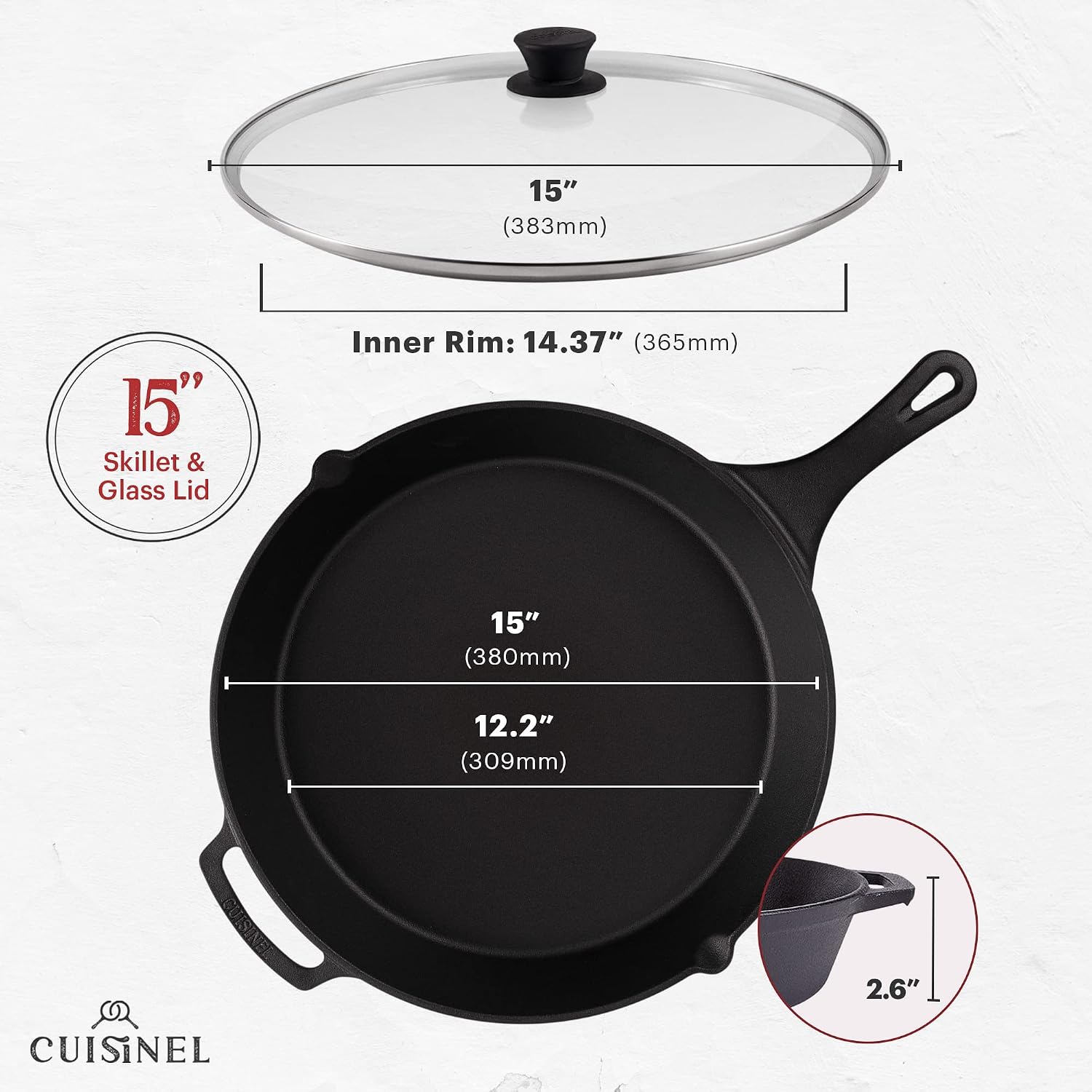 Cuisinel Cast Iron Skillet with Glass Lid Cover - Large 15'-inch Frying Pan + Scraper + Silicone Handle Grip - Pre-seasoned Kitchen Cookware - Indoor/Outdoor - Camping, Grilling, BBQ, Oven Use