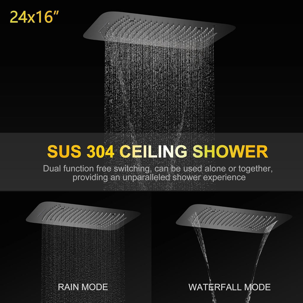 AYIVG Matte Black 4 Function Dual Shower Head System 16 X 24 Inch Rainfall Waterfall And 8 Inch Wall Mount With Handheld shower head Digital Display Shower Valve Set