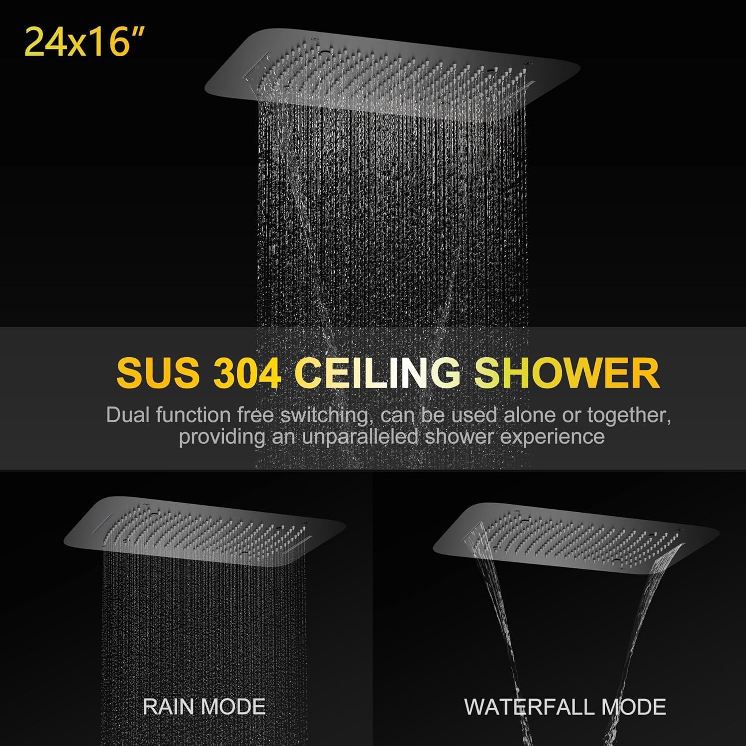 AYIVG Matte Black 4 Function Dual Shower Head System 16 X 24 Inch Rainfall Waterfall And 8 Inch Wall Mount With Handheld shower head Digital Display Shower Valve Set