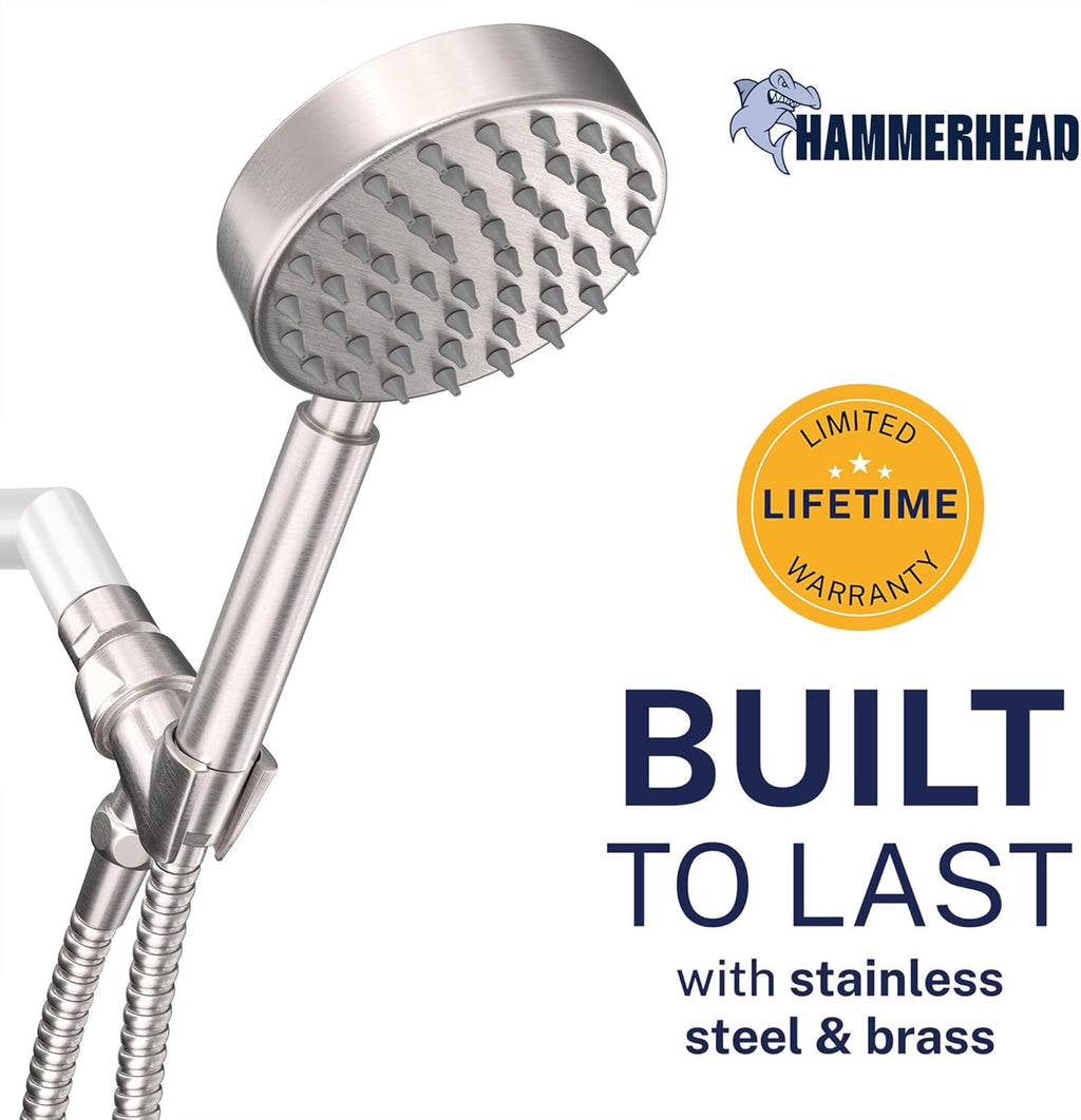 HammerHead Showers® Solid Metal LOW FLOW Handheld Shower Head with Hose and Brass Holder - BRUSHED NICKEL – Water Saving 1.75 GPM Detachable Shower Head - Adjustable Shower Wand Bracket & 6ft Hose