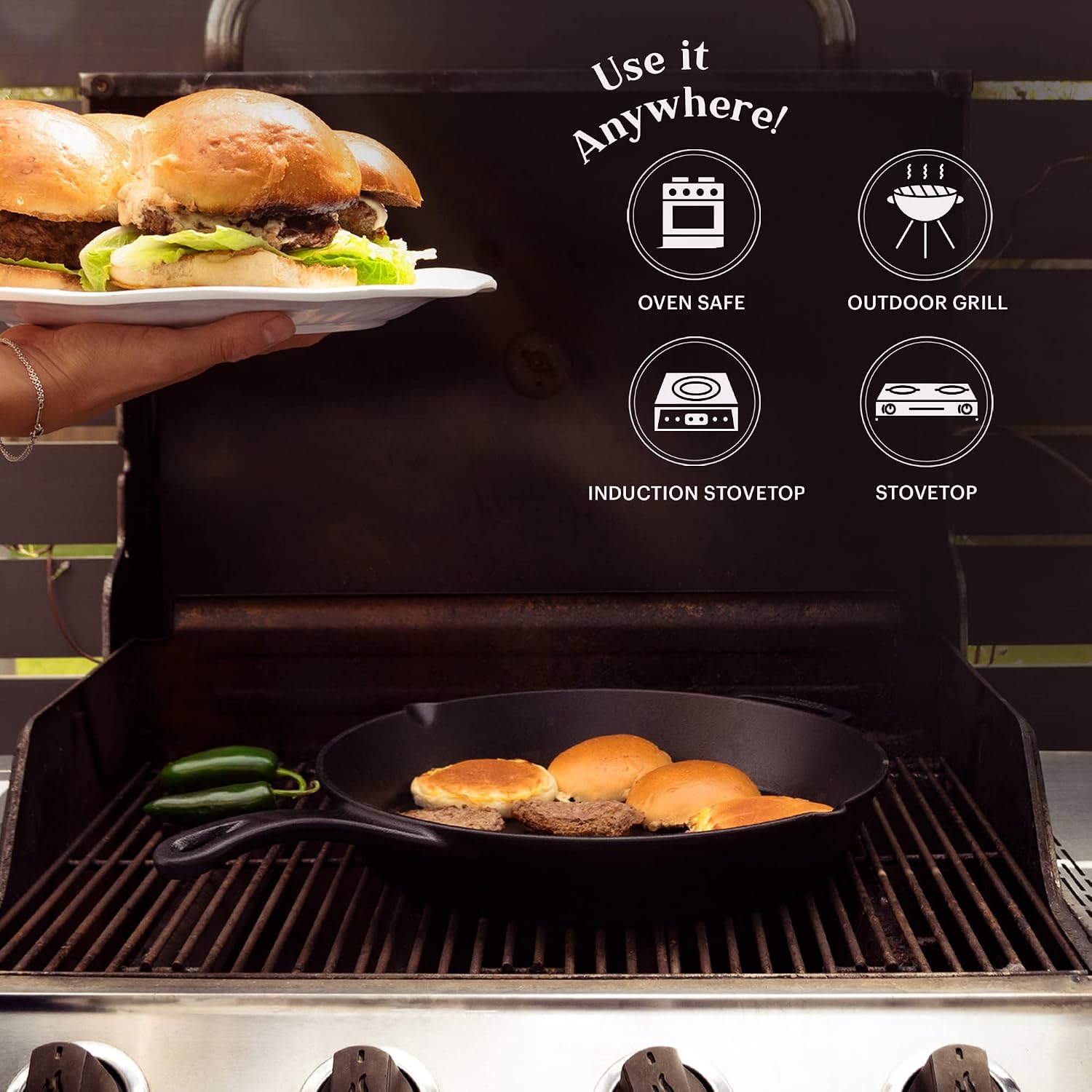 Cuisinel Cast Iron Skillet with Glass Lid Cover - Large 15'-inch Frying Pan + Scraper + Silicone Handle Grip - Pre-seasoned Kitchen Cookware - Indoor/Outdoor - Camping, Grilling, BBQ, Oven Use