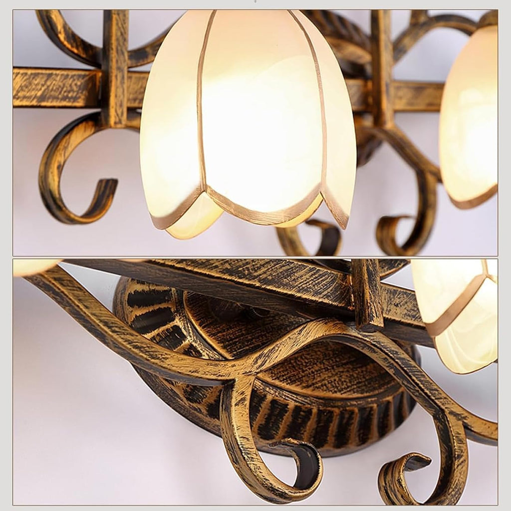 European Vintage 2-Light Wall Sconce, Classic Black Gold Wrought Iron Vanity Light with Flower Glass Shades, E14 Base LED Warm Light Included, for Bathroom Mirror Bedroom Hallway Decor