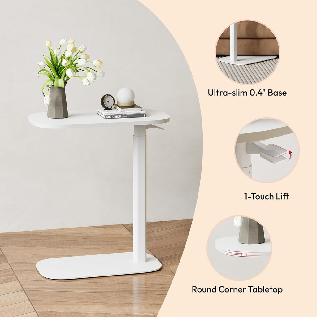 SANODESK Small Standing Desk Pneumatic Height Adjustable Sit Stand Laptop Desk Overbed Table Computer Cart for Home Office Workstations (23.6' W x 13.8' D, White)