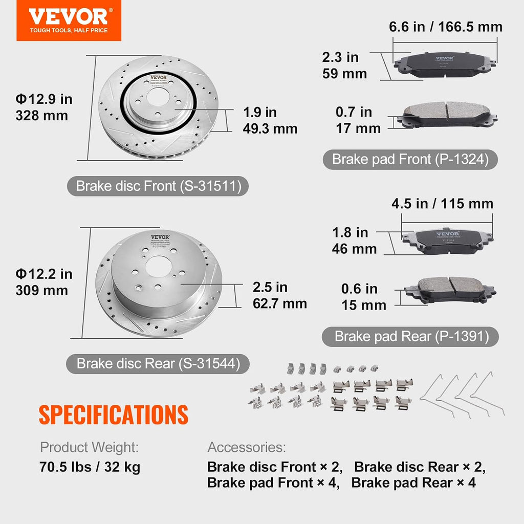 VEVOR Front and Rear Brake Kit Compatible with Toyota Sienna, Highlander, Lexus RX350, RX450h, Drilled and Slotted Brake Rotors Ceramic Brake Pads Replacement, 12.9' Front Rotors 12.2' Rear Rotors